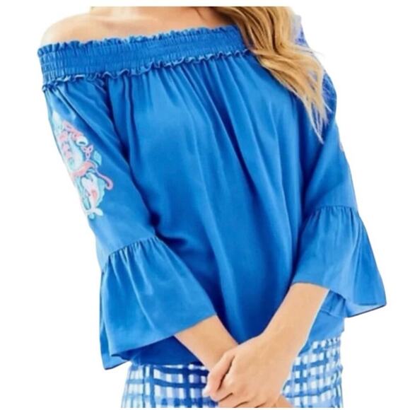 LILLY PULITZER Blue Moira Off the Shoulder Top Sz XS - Picture 1 of 6